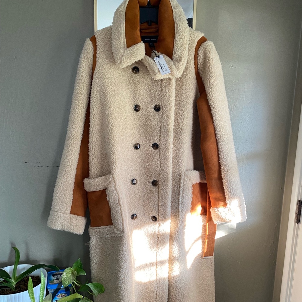 Karen Millen NWT Longline faux shearling &Teddy Belted coat- cream and camel